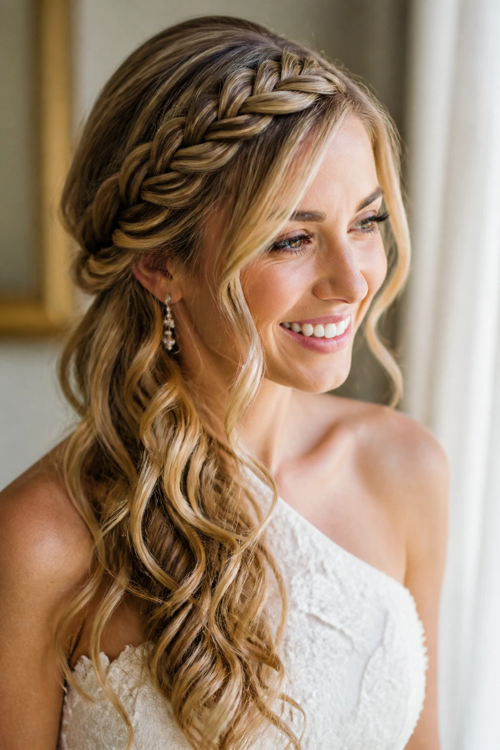 Close-up of a real bride with a deep side-parted twisted side-swept plait across the forehead.