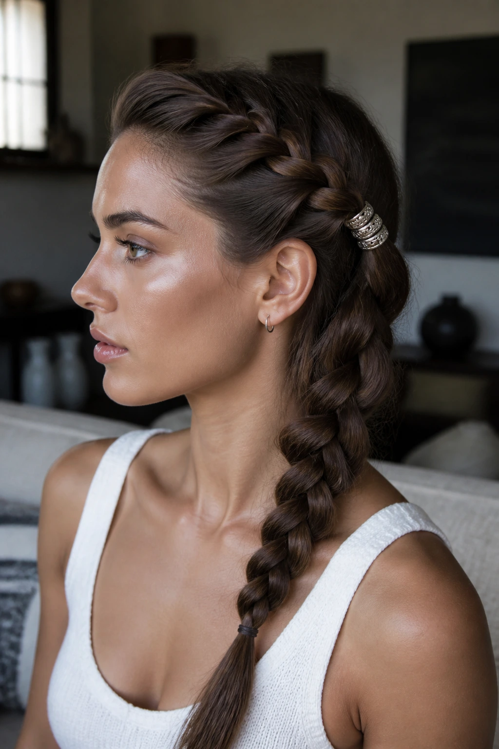 Portrait of a real person with an asymmetrical side-swept plait featuring silver cuffs