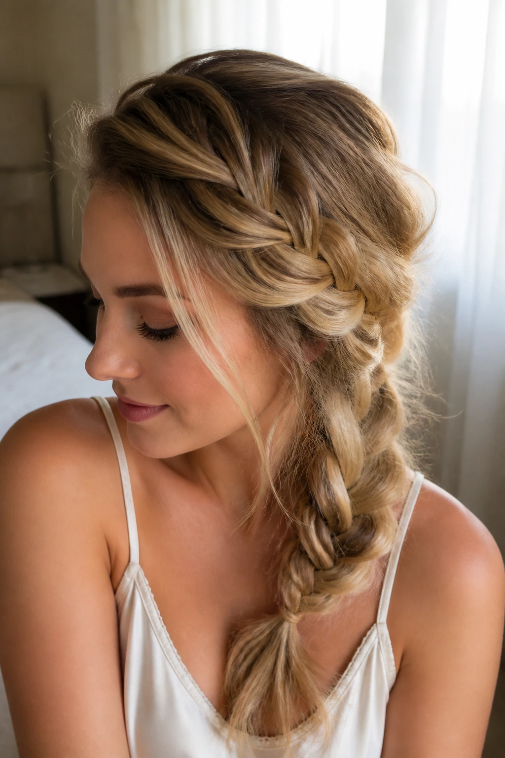 Real woman wearing a loose French side-swept plait