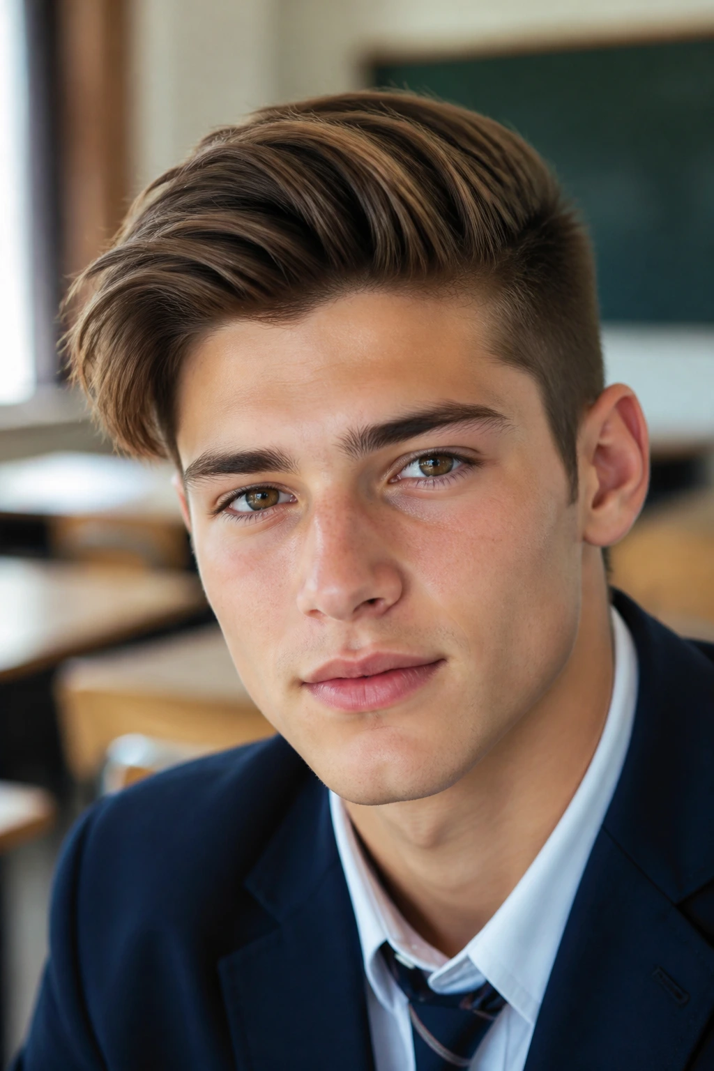 Close-up portrait of a real person with a side-swept quiff in a classroom setting.