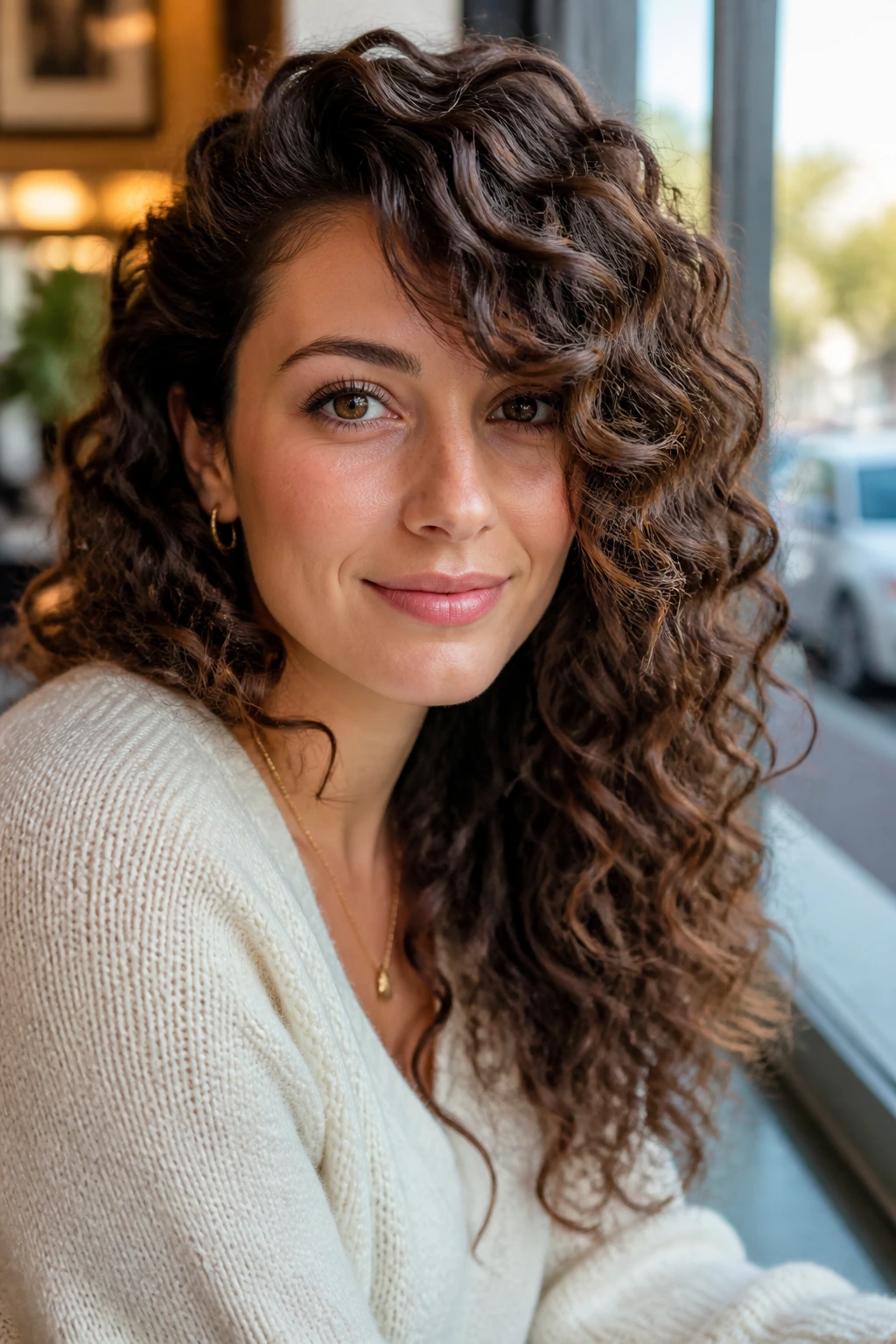 Close-up of a woman with side-swept cascading ringlets at a cafe window