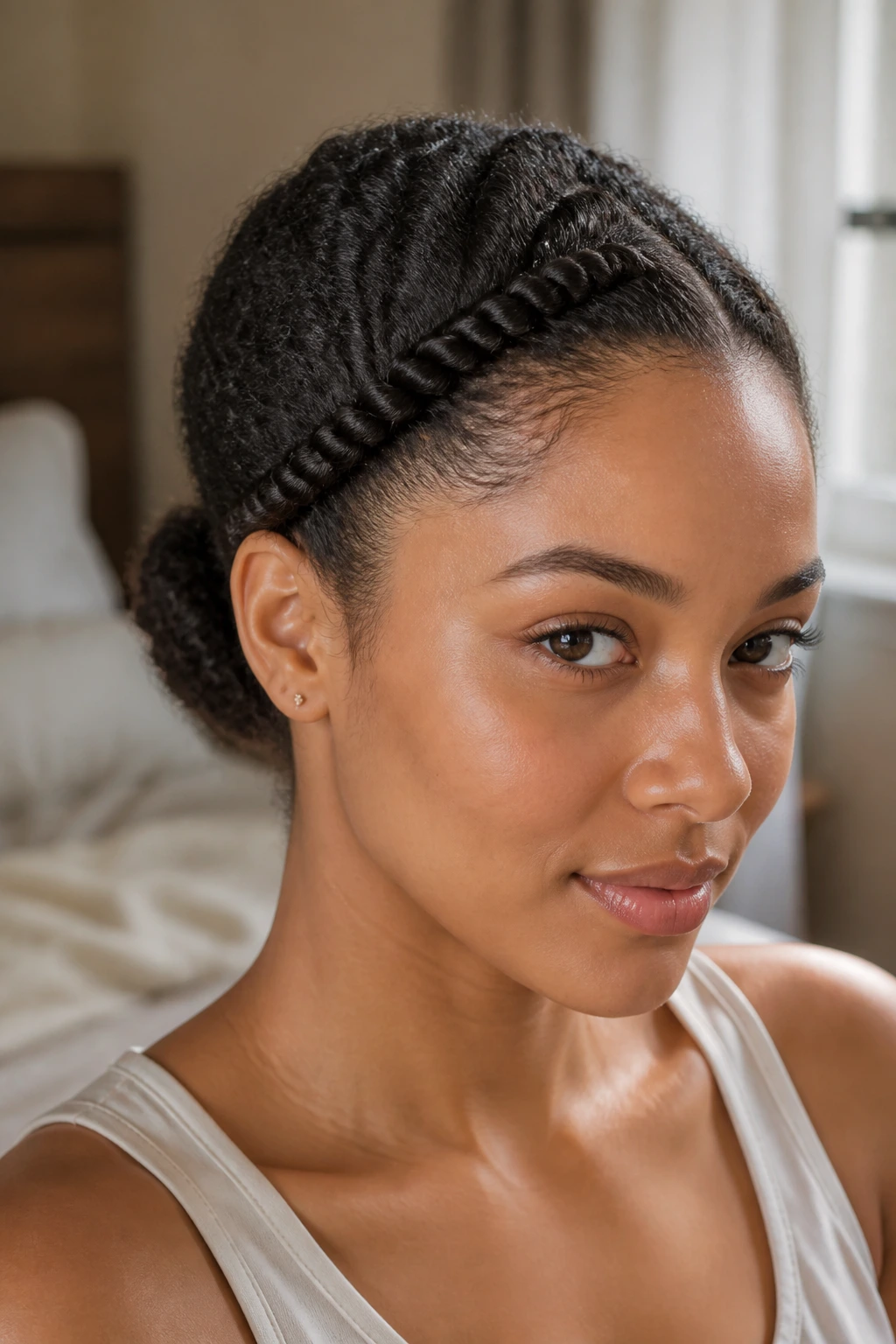 Close-up of a real woman with a side-swept rope braid starting at the center hairline, diagonally toward the ear