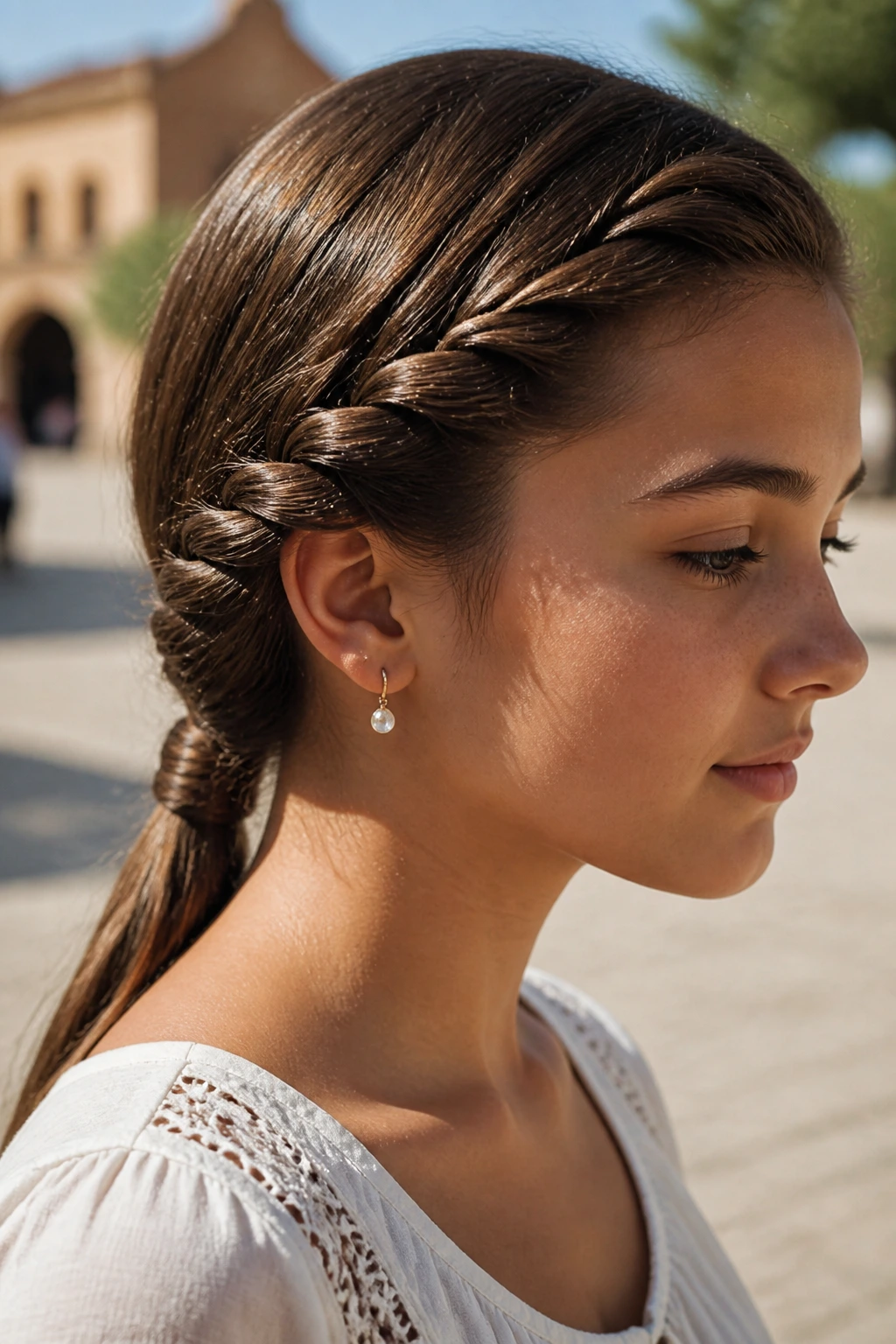 Close-up of a real person wearing a side-swept rope braid