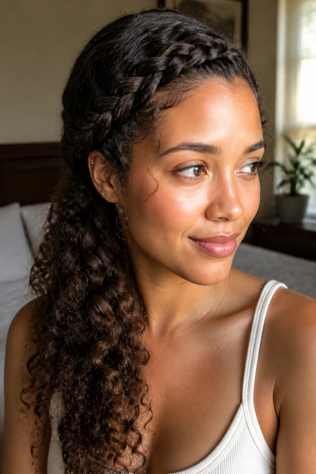 Close-up of real woman with side-swept rope braid on curly hair