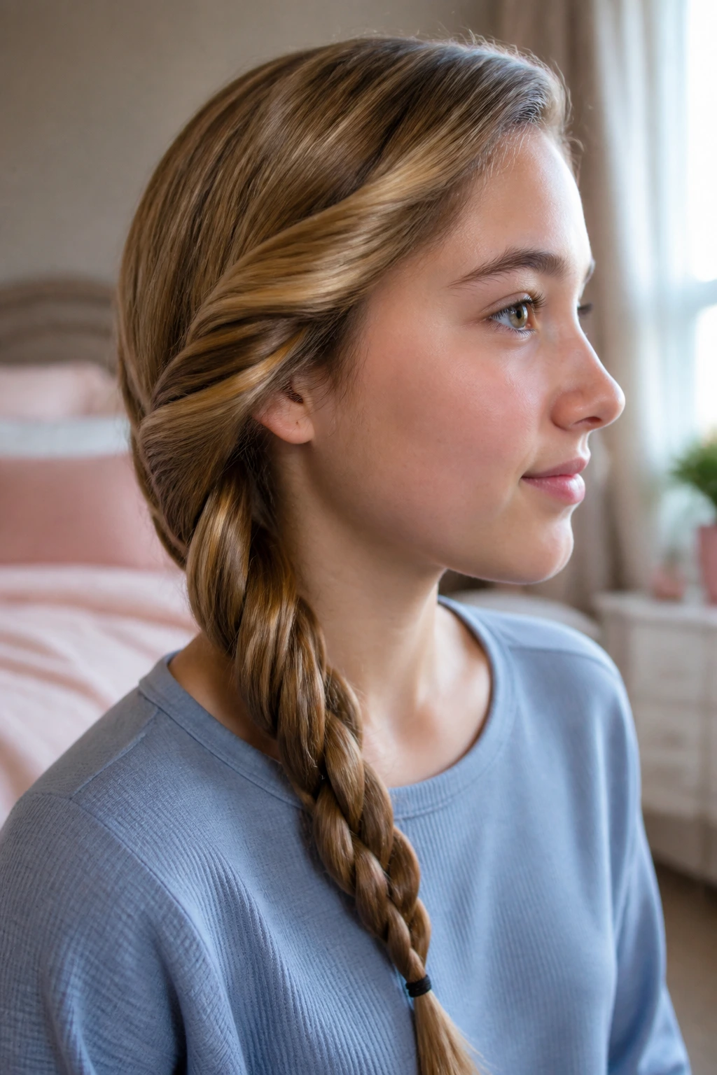 Close-up of a real person with a side-swept rope twist hairstyle