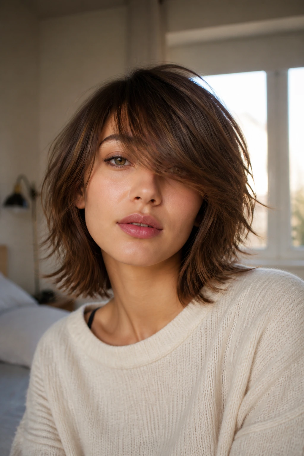 Close-up portrait of a real person with side-swept bangs in shaggy layers, soft bedroom light