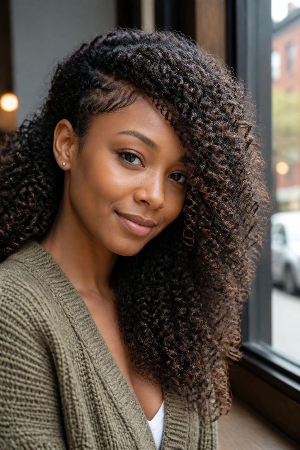 Close-up of a real person with side-swept springy curls