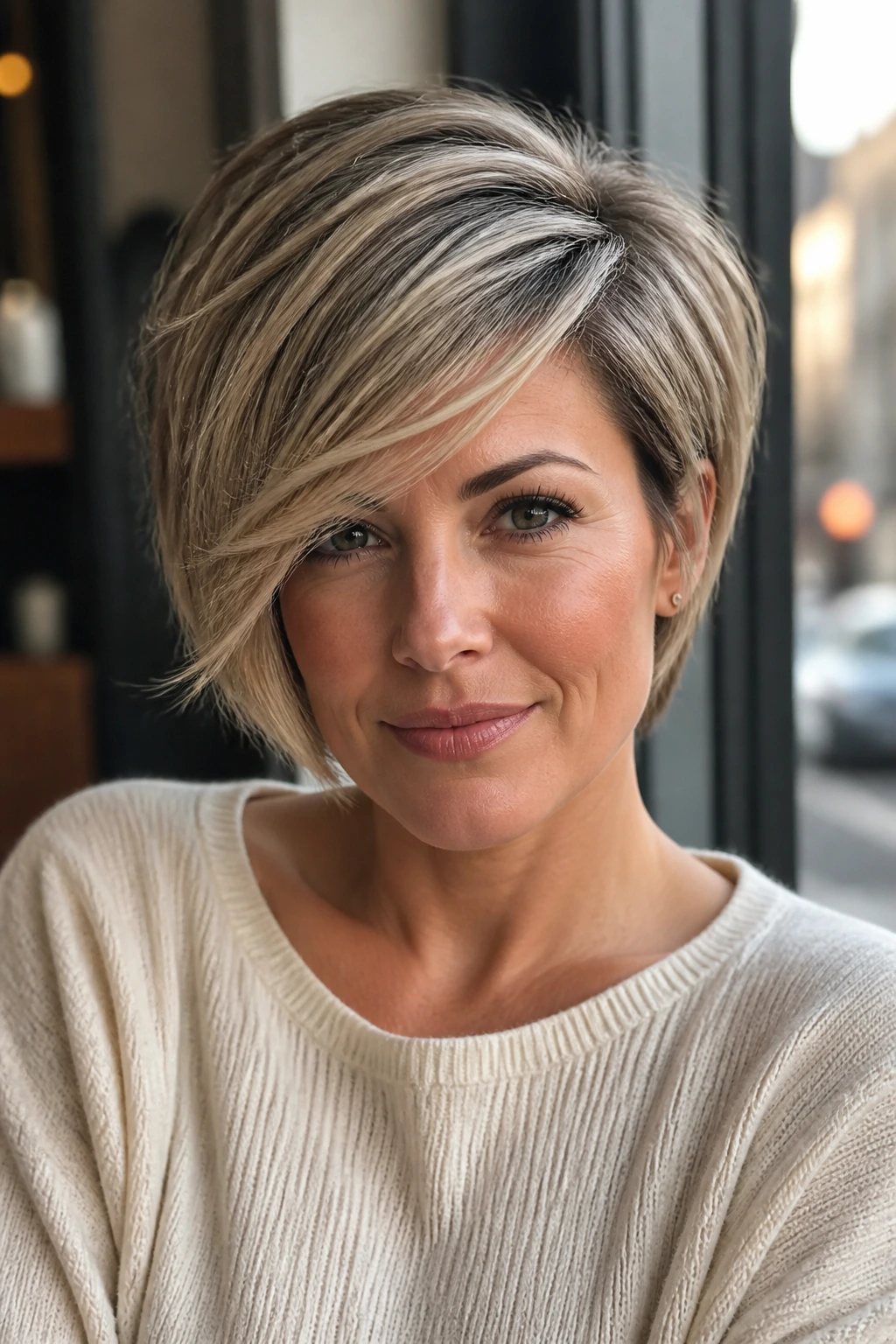 Close-up of a real woman wearing a swooping side-swept stack hairstyle