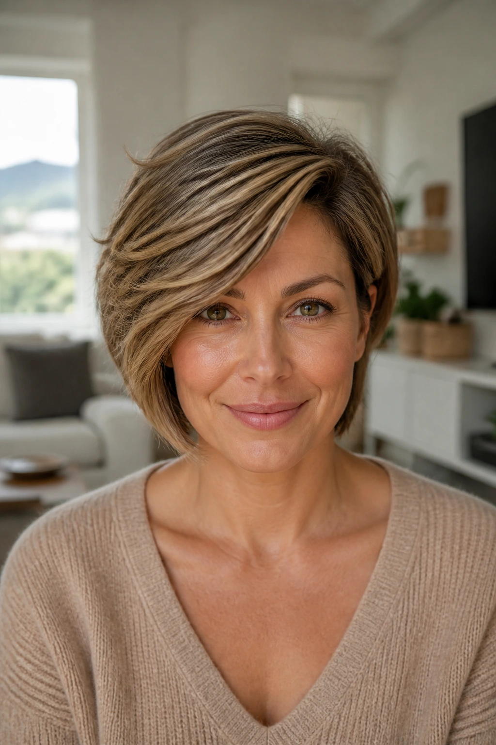 Front portrait of a real woman with a deep side-swept stack hairstyle
