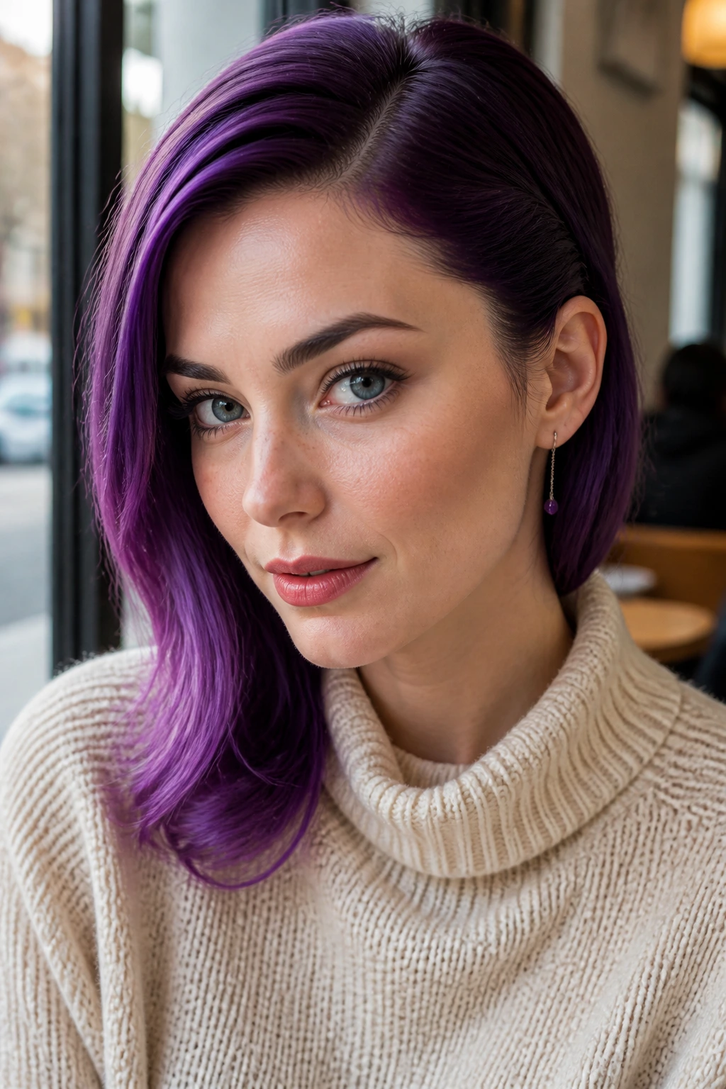 Close-up of purple hair tucked behind the ear in a sleek side-swept look