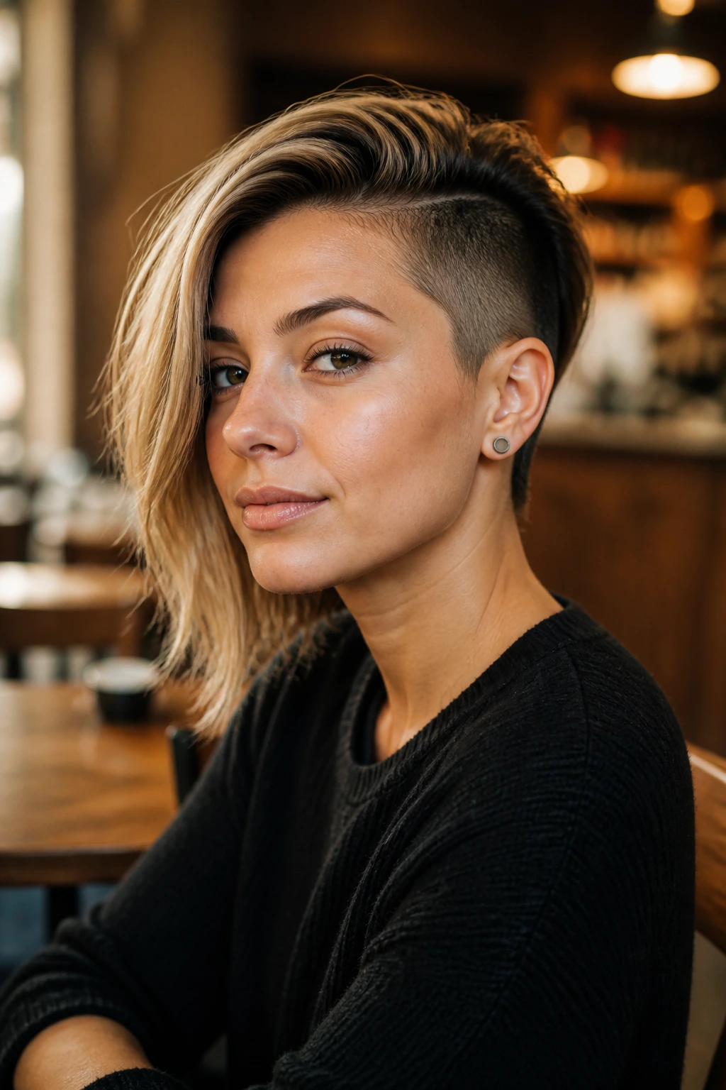 Close-up portrait of a real person with a one-sided undercut swept to the opposite side.