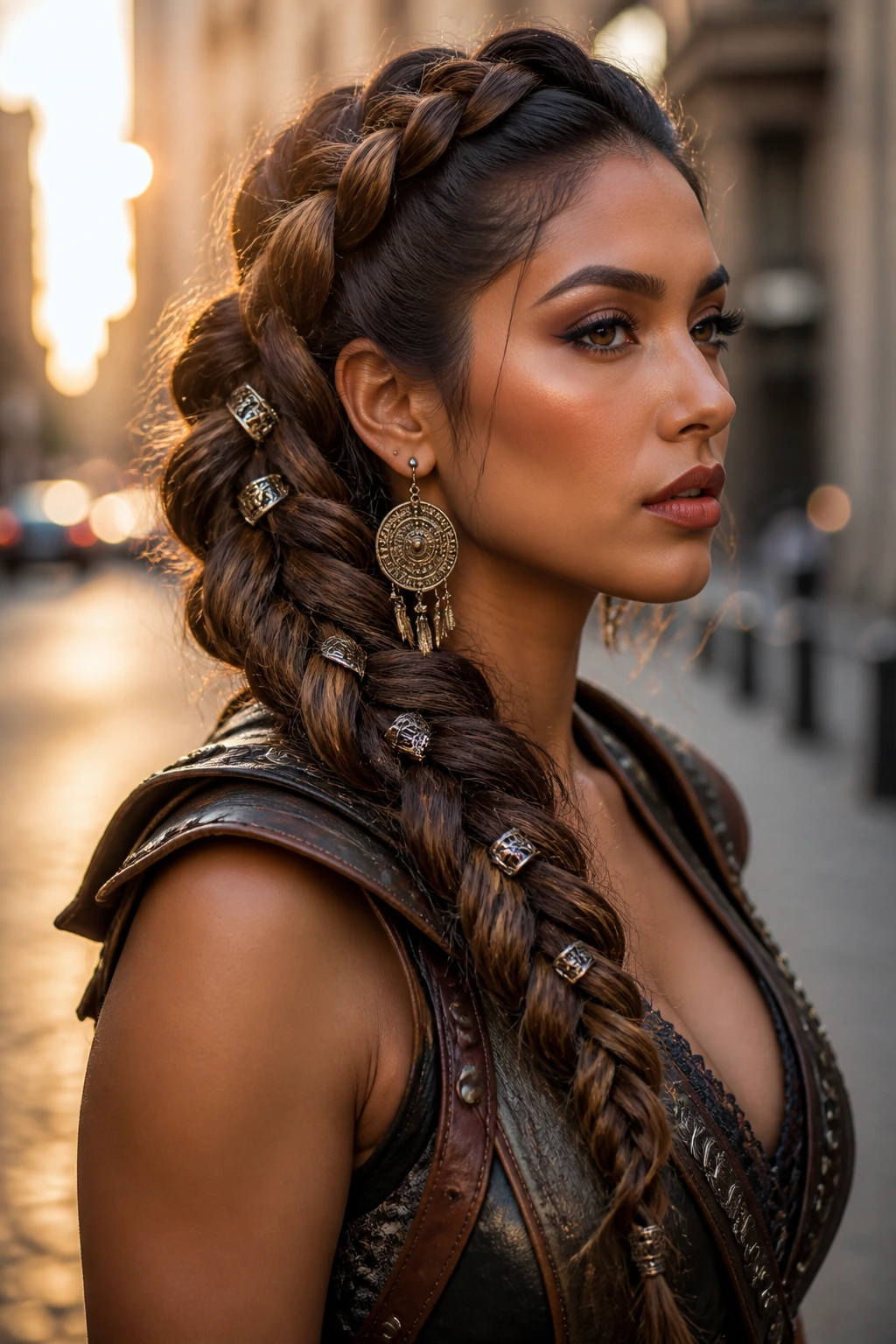 Close-up of a real woman wearing a side-swept Viking braid with metal rings.