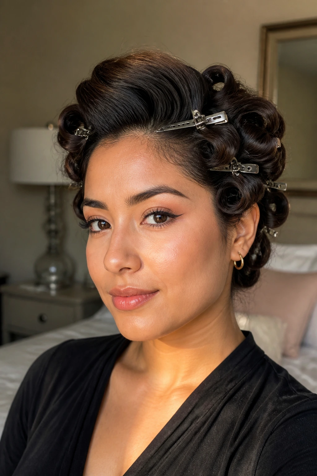 Close-up portrait of a real Latina woman with a voluminous side-swept front section pinned away from the face