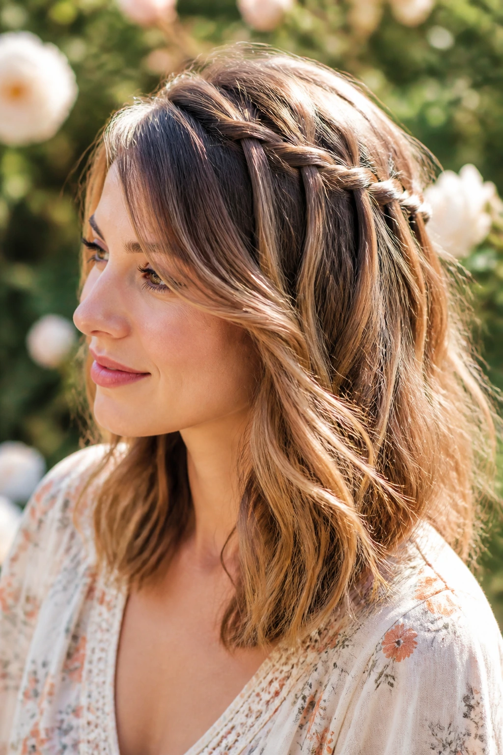 Close-up of side-swept waterfall braid around the crown on a real woman outdoors.