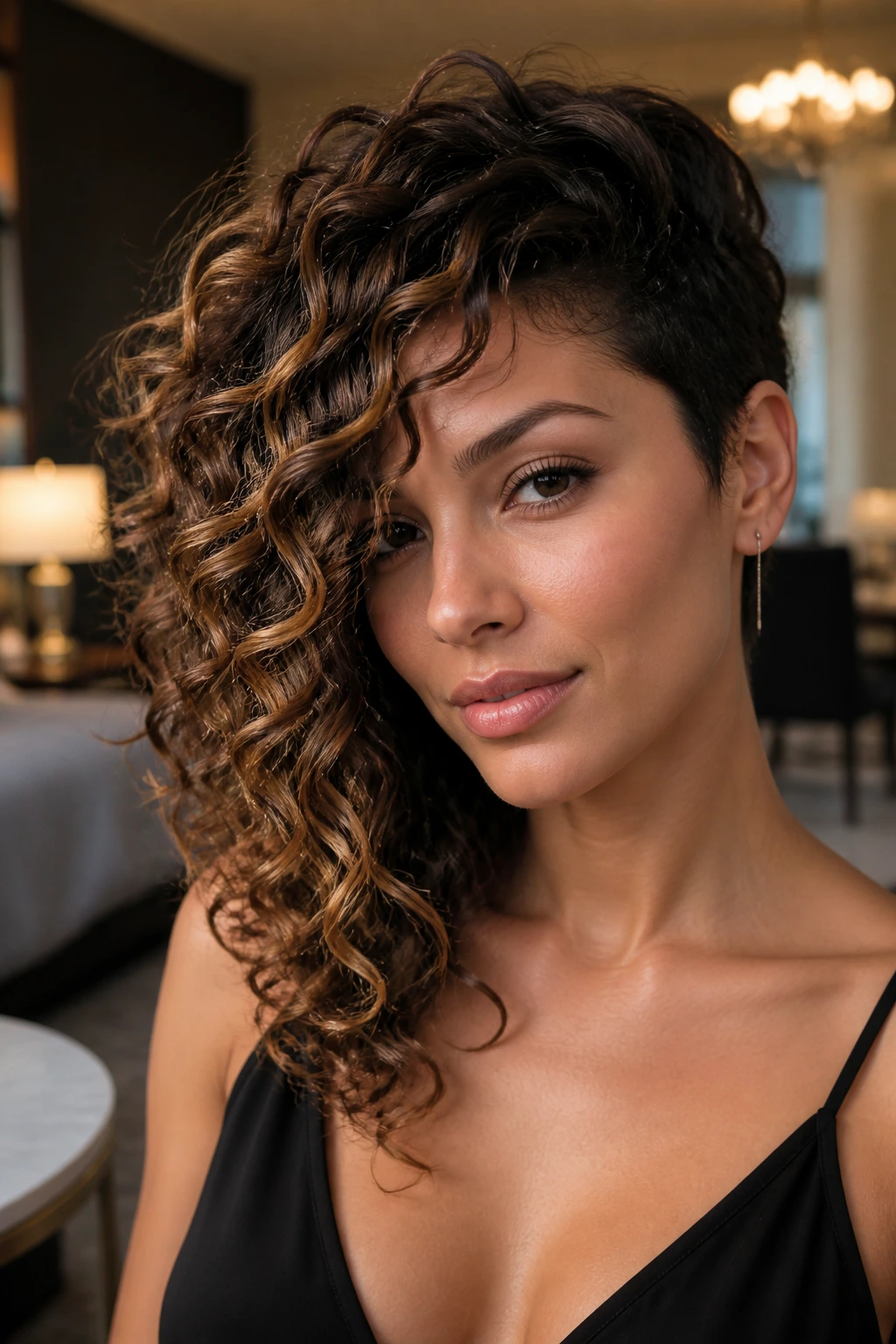 Close-up of a real woman with a side-swept waterfall inverted bob, curls cascading over one shoulder in warm hotel lighting