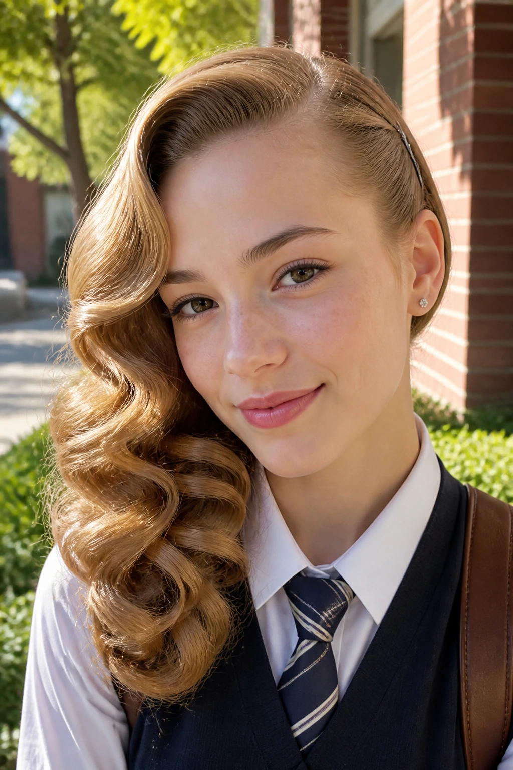 Close-up of a real student with a dramatic side-swept wave hairstyle in a school courtyard