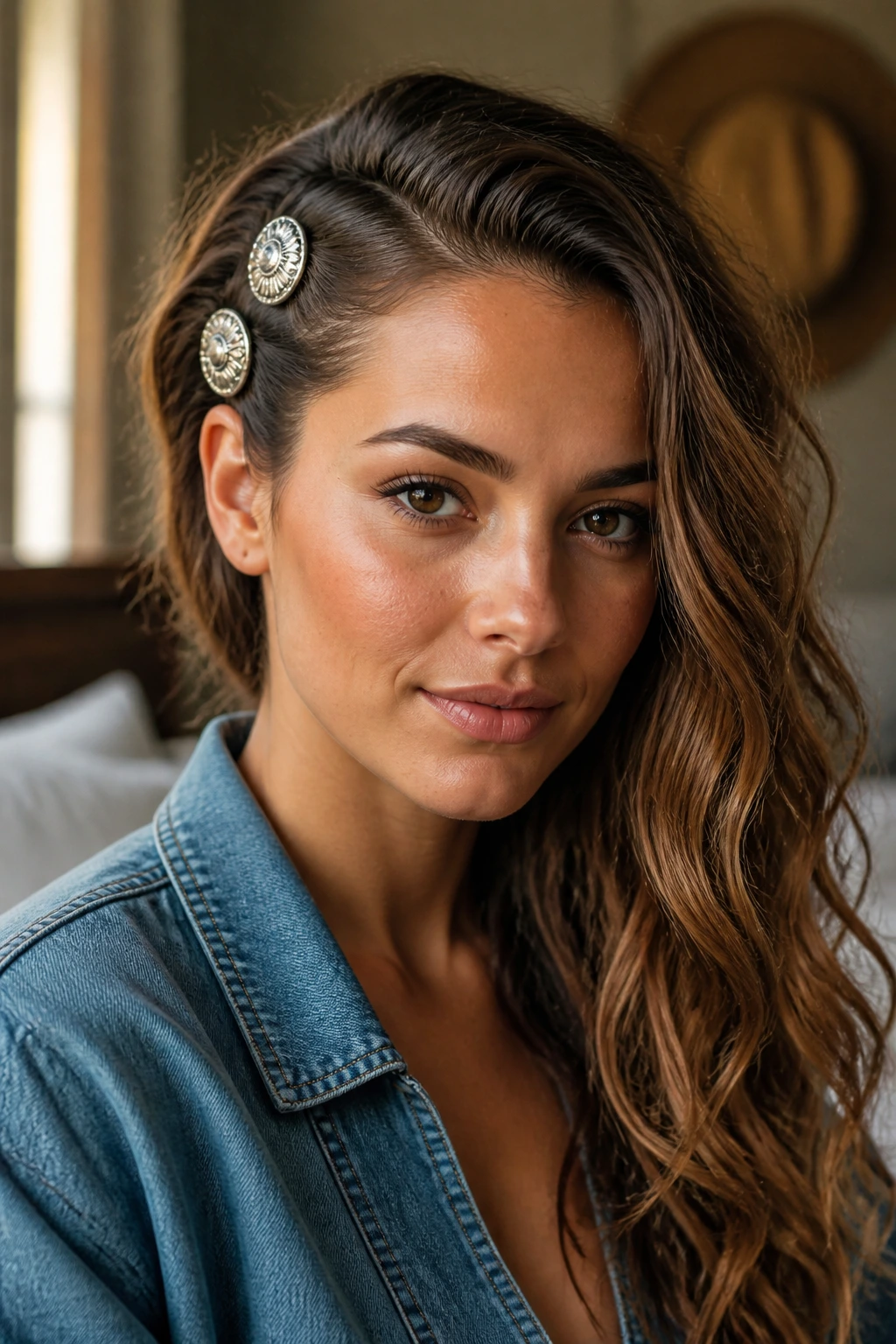 Close-up portrait of a real woman with side-swept waves pinned with silver concho pins