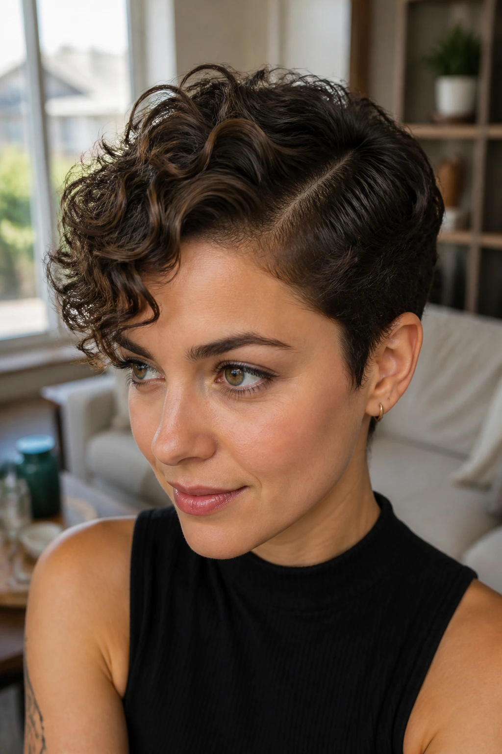 Close-up portrait of a real person with side-swept 2C/3A curls