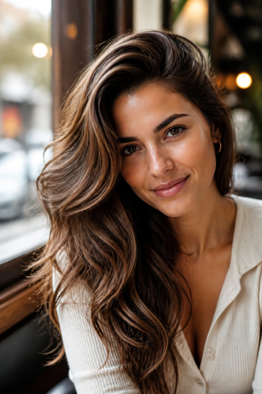 Close-up of a real woman with voluminous side-swept waves and deep side part