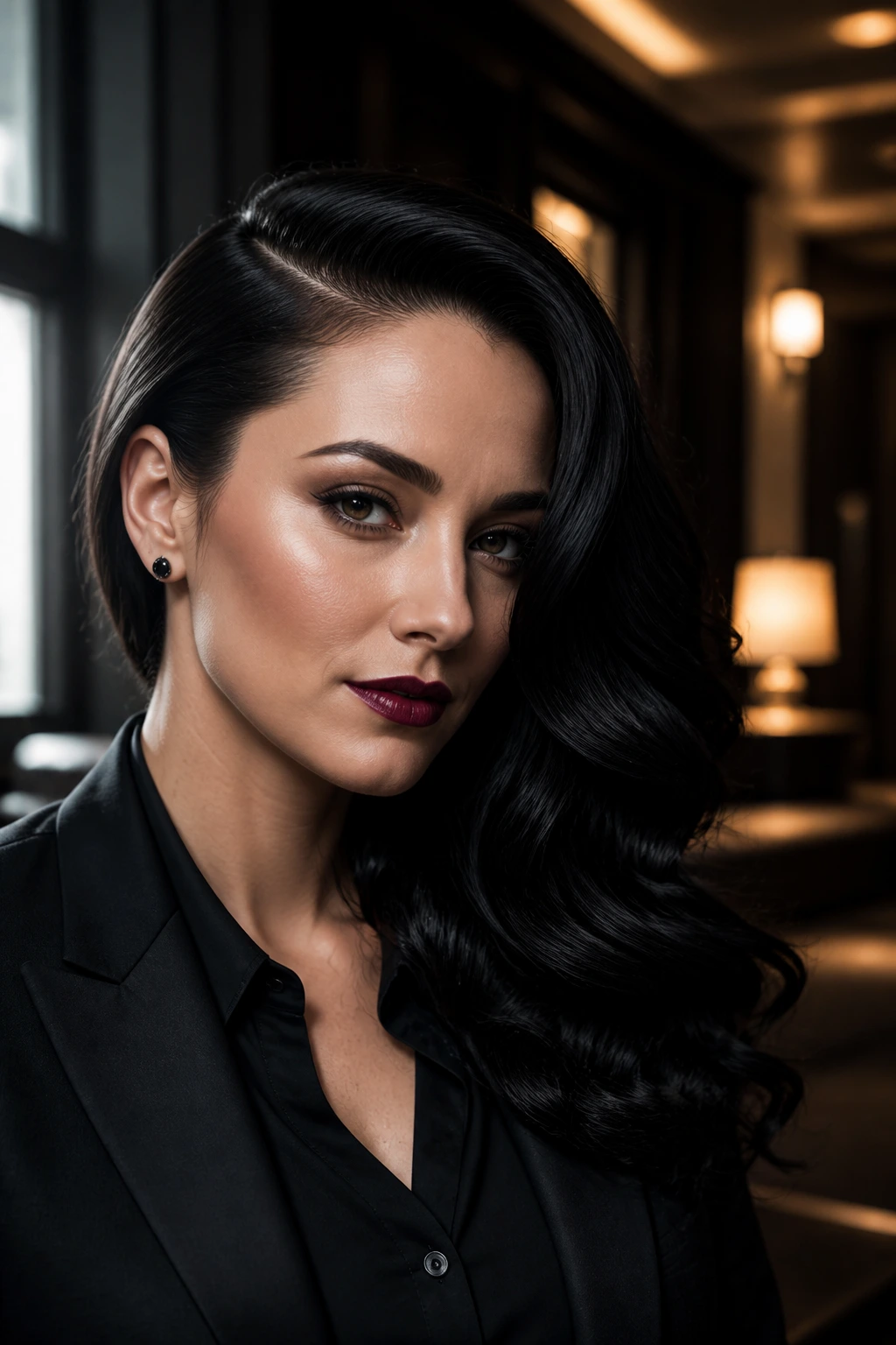 Close-up portrait of a real person with deep side-swept waves in office light