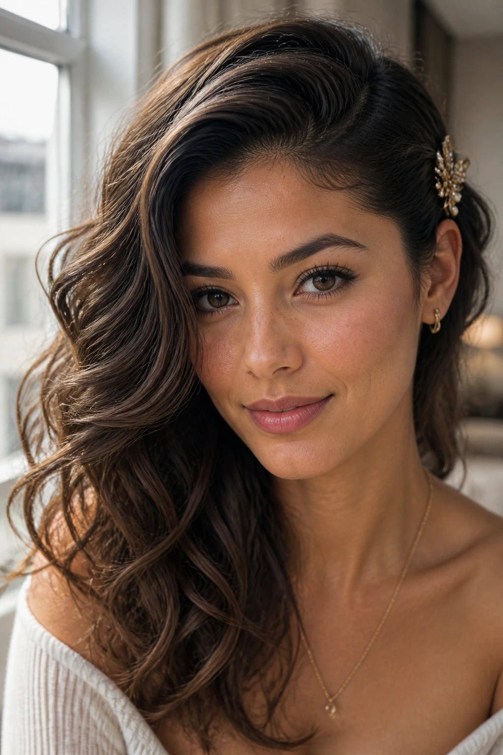 Close-up of a real woman with a deep side-parted romantic wave hairstyle with a decorative clip