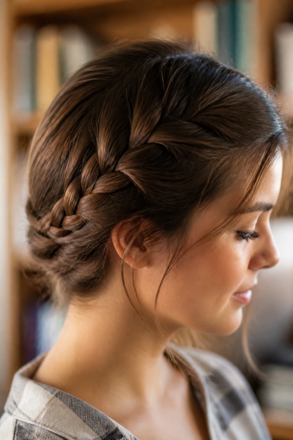 Three-quarter view of a real person with a side-tucked braid tucked under at the nape