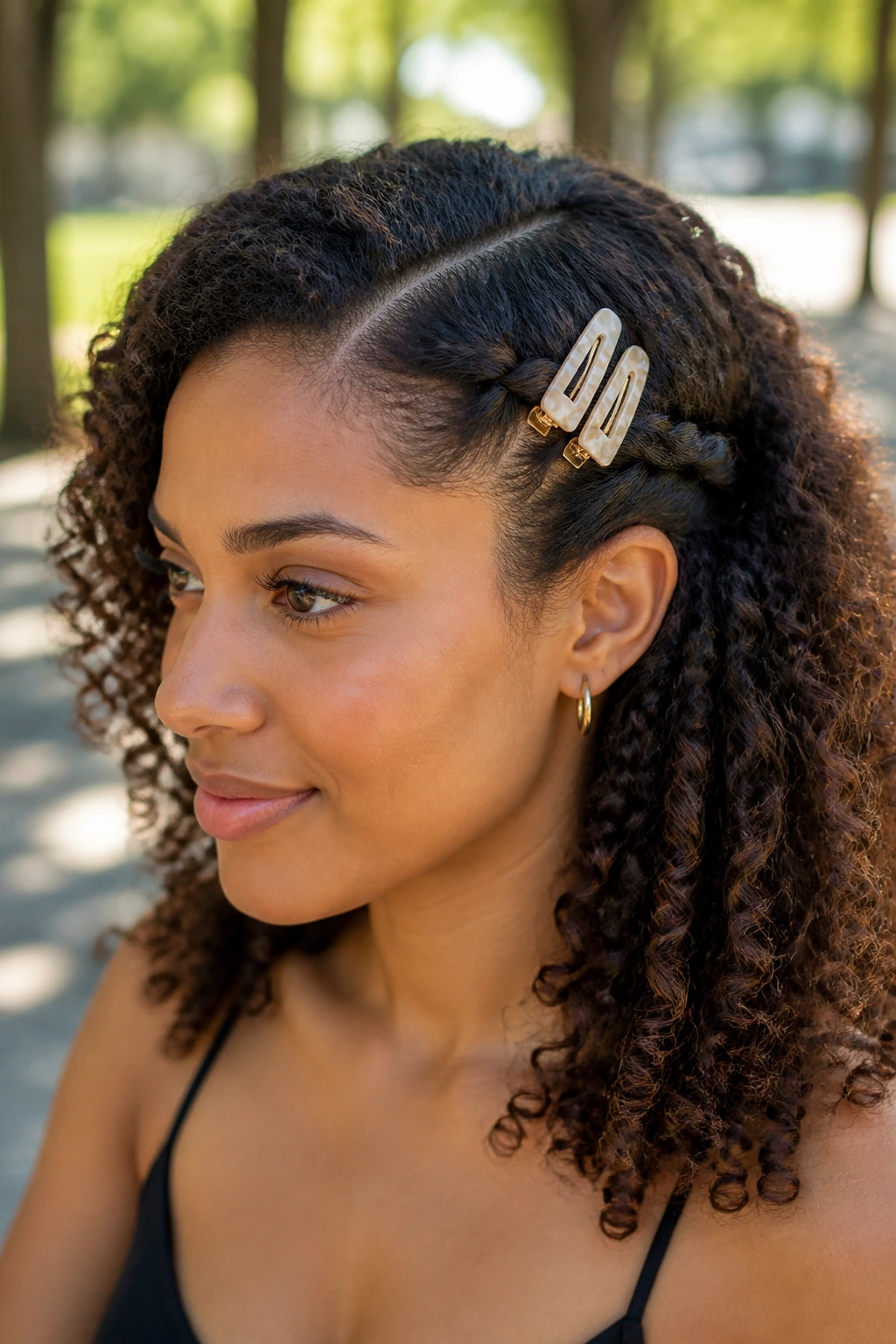 Real woman showing a side twist secured by decorative clips at the temple