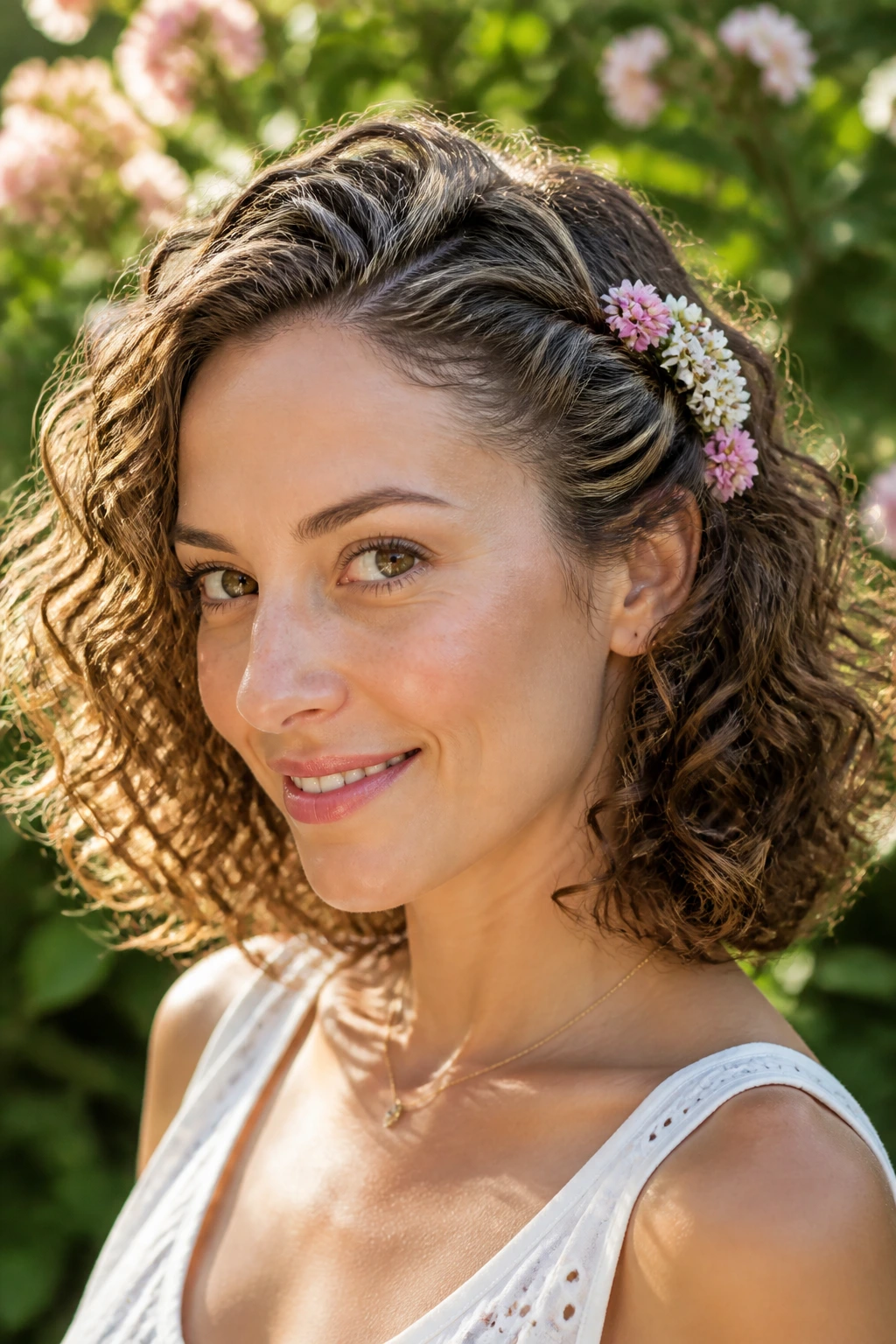 Woman with a soft side twist and flowers in hair in garden light