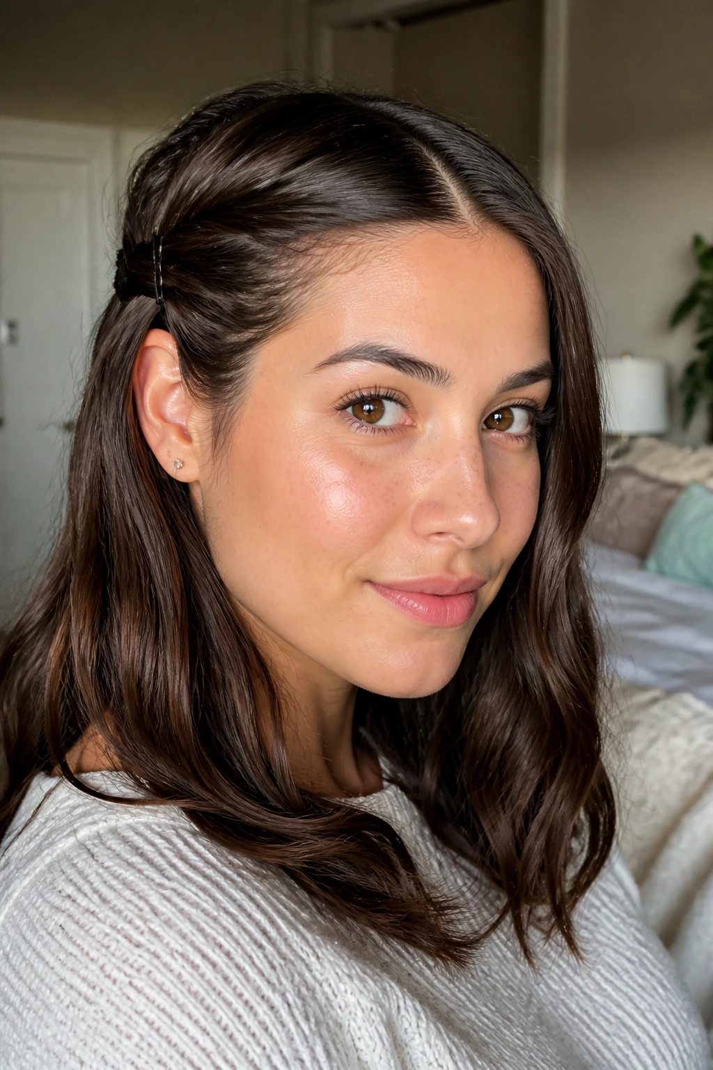 Close-up of a real woman with a side twist hairstyle pinned behind the ear in warm bedroom light