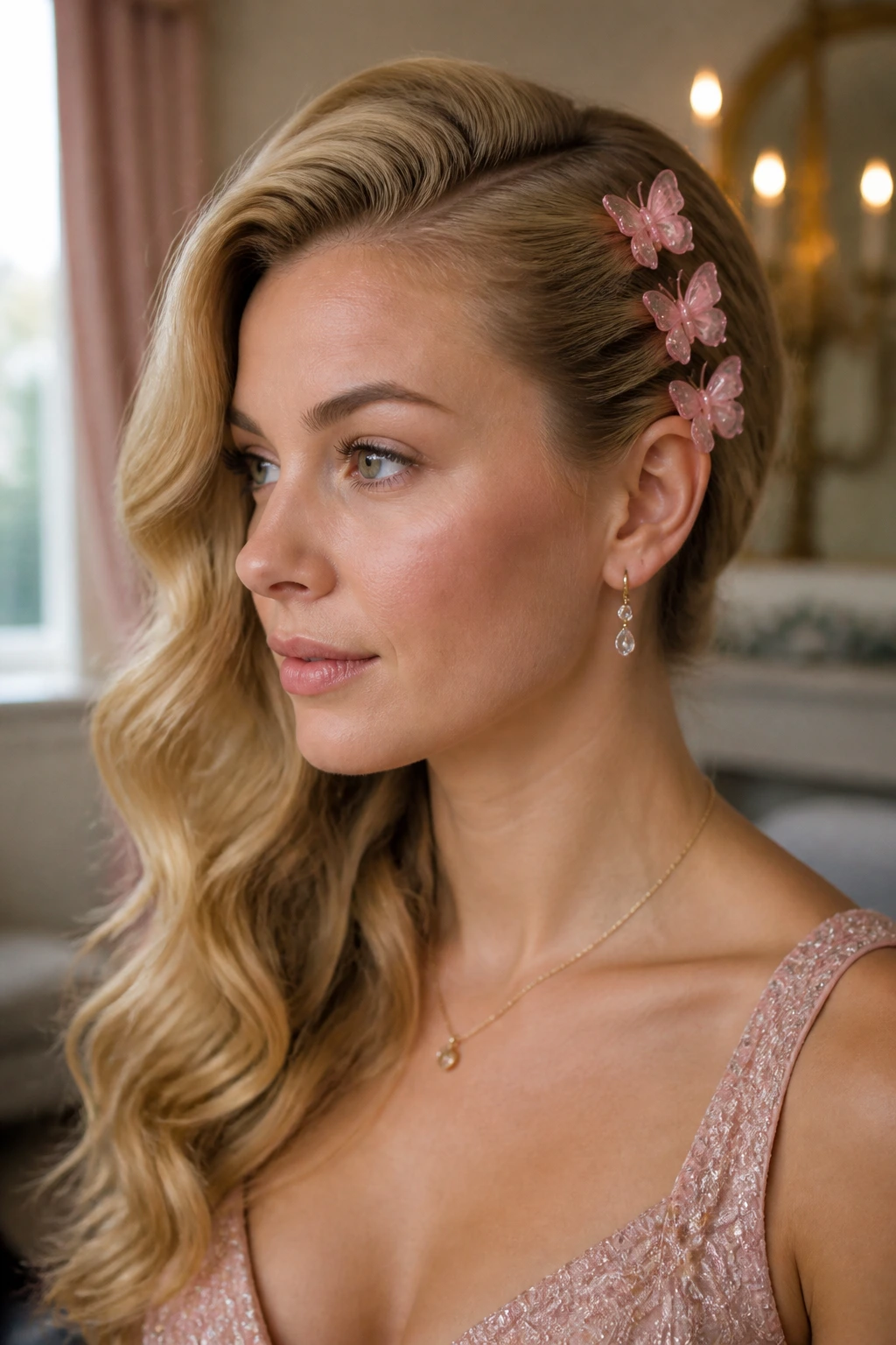 Close-up of a real woman with a deep side part and pink butterfly clips behind the ear.