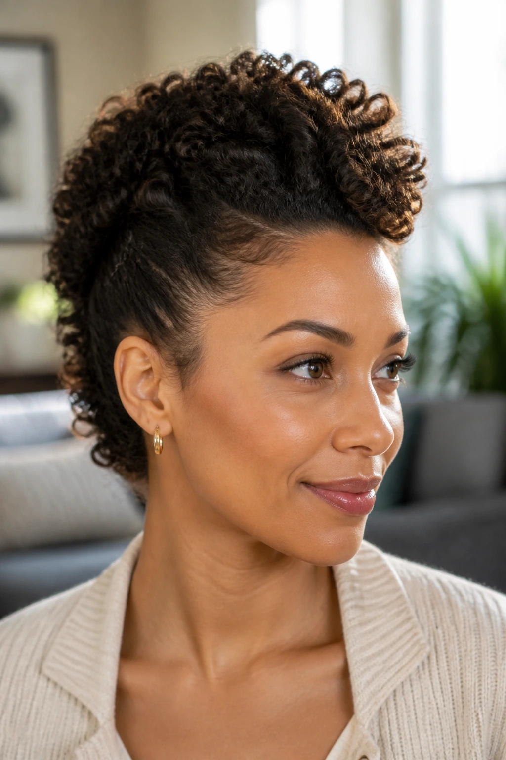 Close-up of a woman with pinned-back sides creating a faux-hawk look