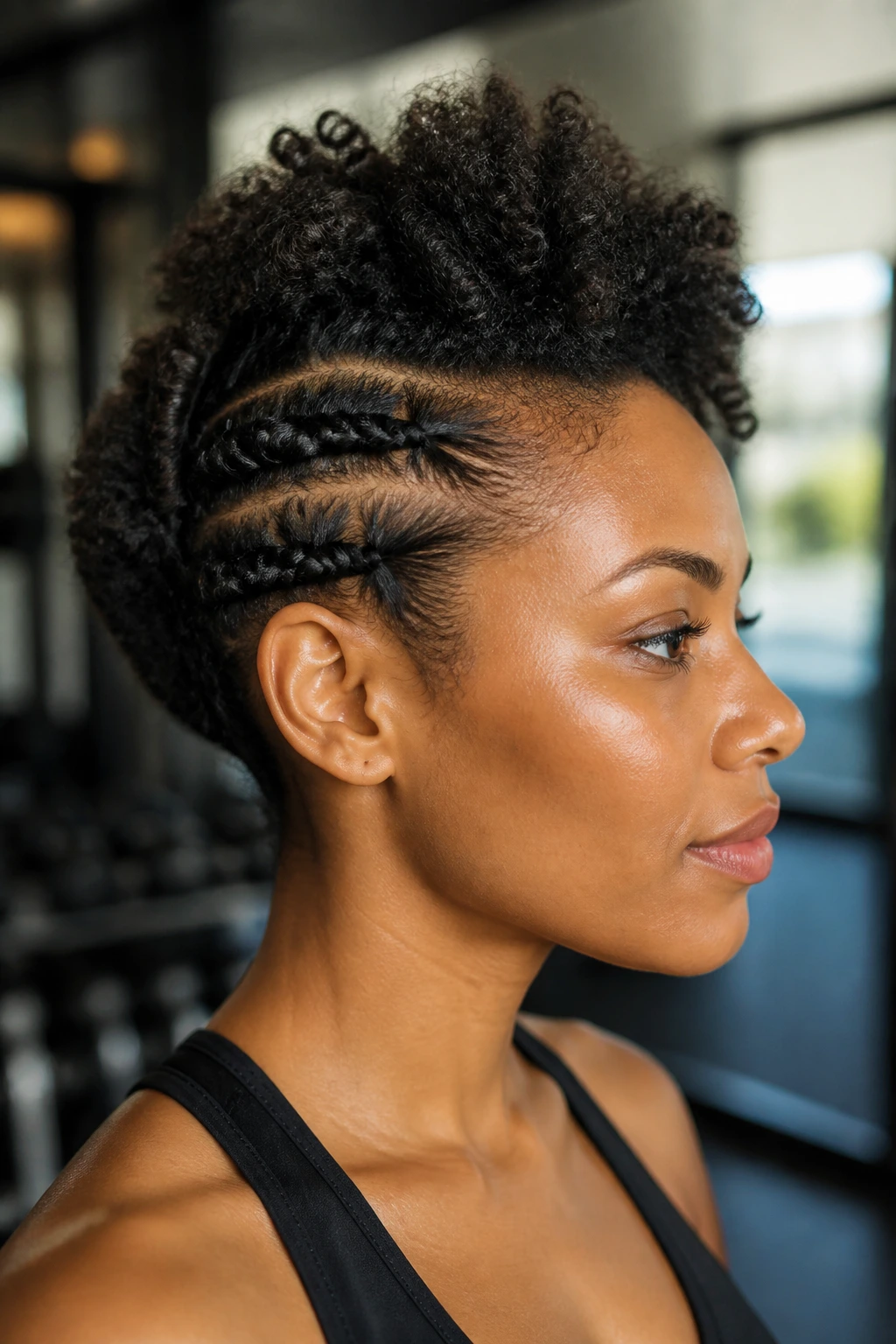 Close-up side-profile of a real woman with sides-pinned flat twists