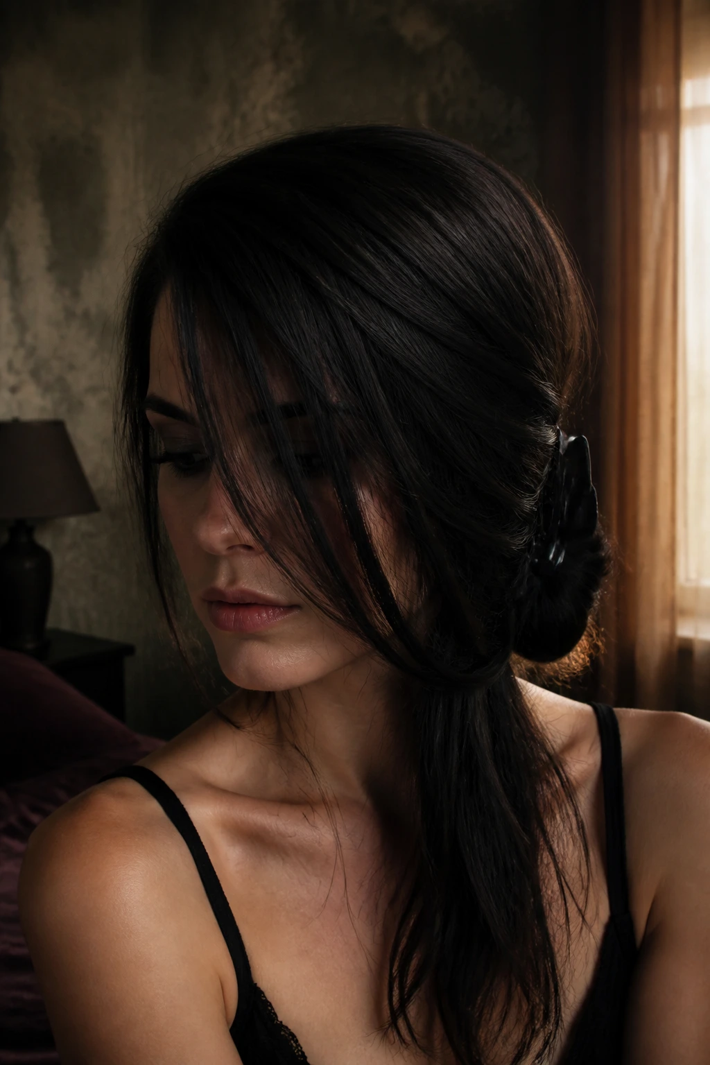 Close-up of a real woman with a dark veiled sidesweep obscuring part of the face.