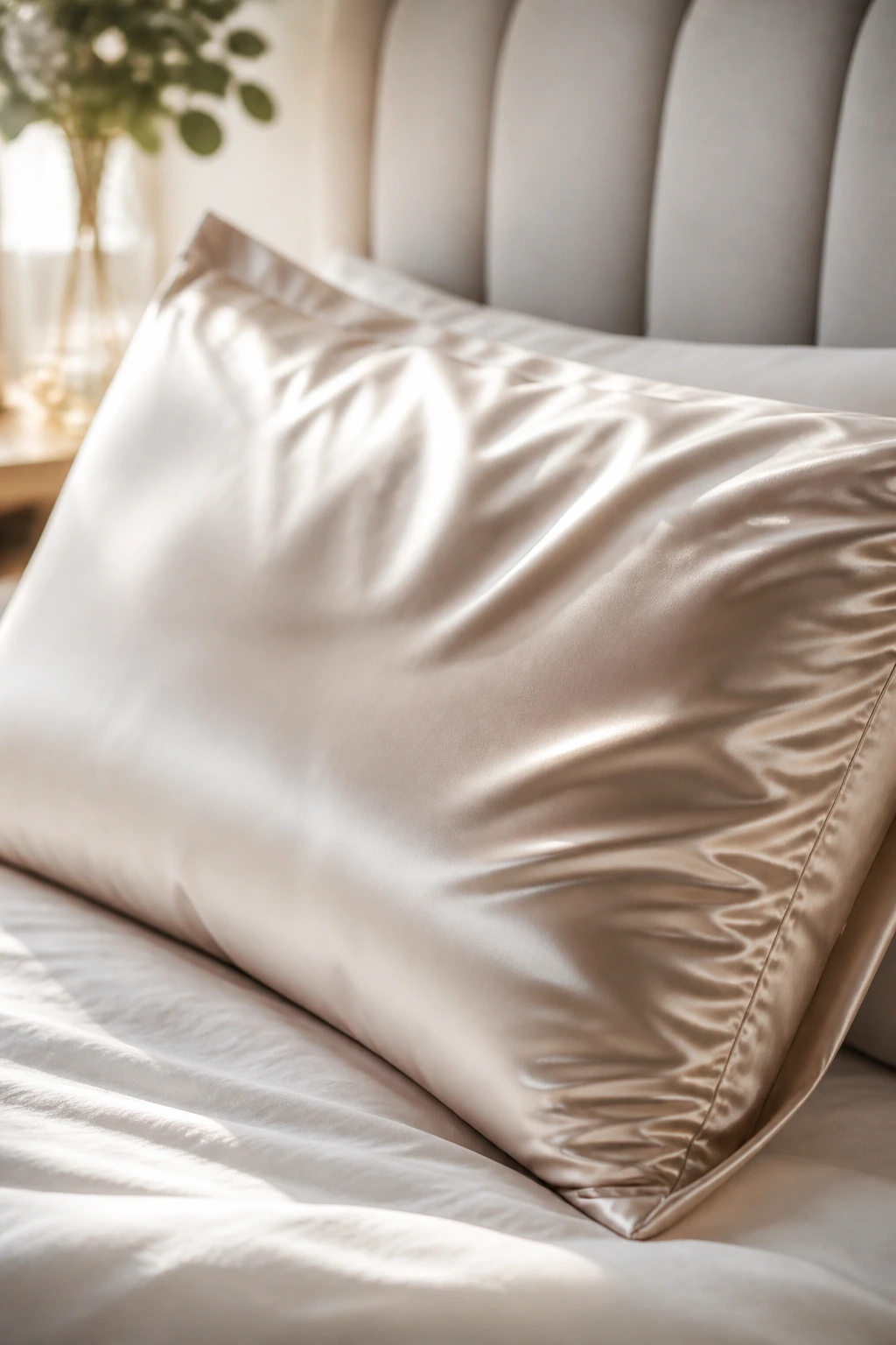 Close-up of a glossy silk pillowcase on a plush pillow in a softly lit bedroom