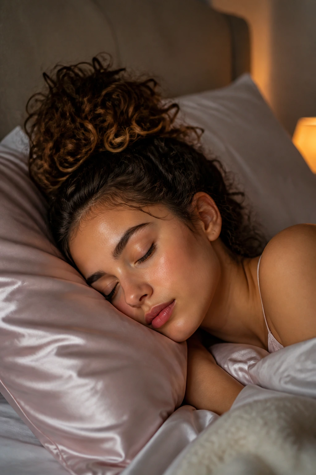 Person sleeping on a satin pillowcase with a pineapple bun protecting curls overnight.