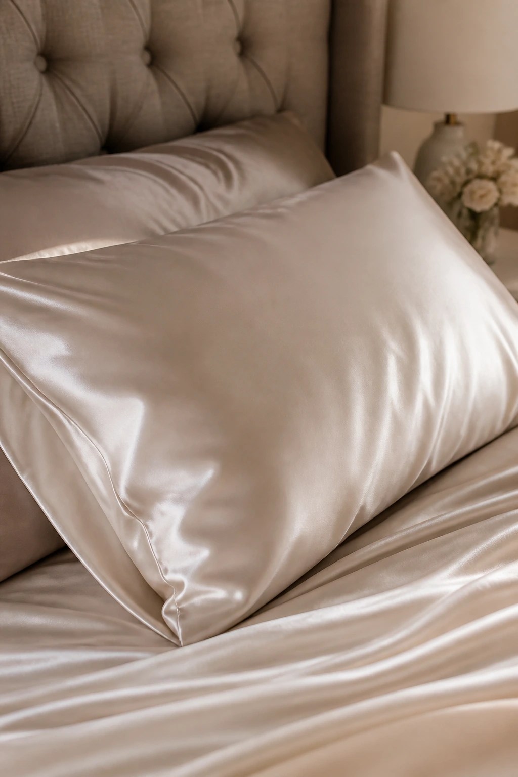 Close-up of a silk satin pillowcase on a bed to minimize bedhead and frizz