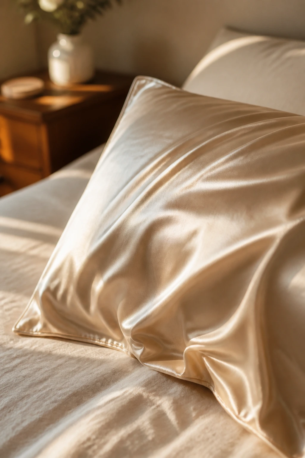 Close-up of a silky silk pillowcase on a bed pillow with soft lighting
