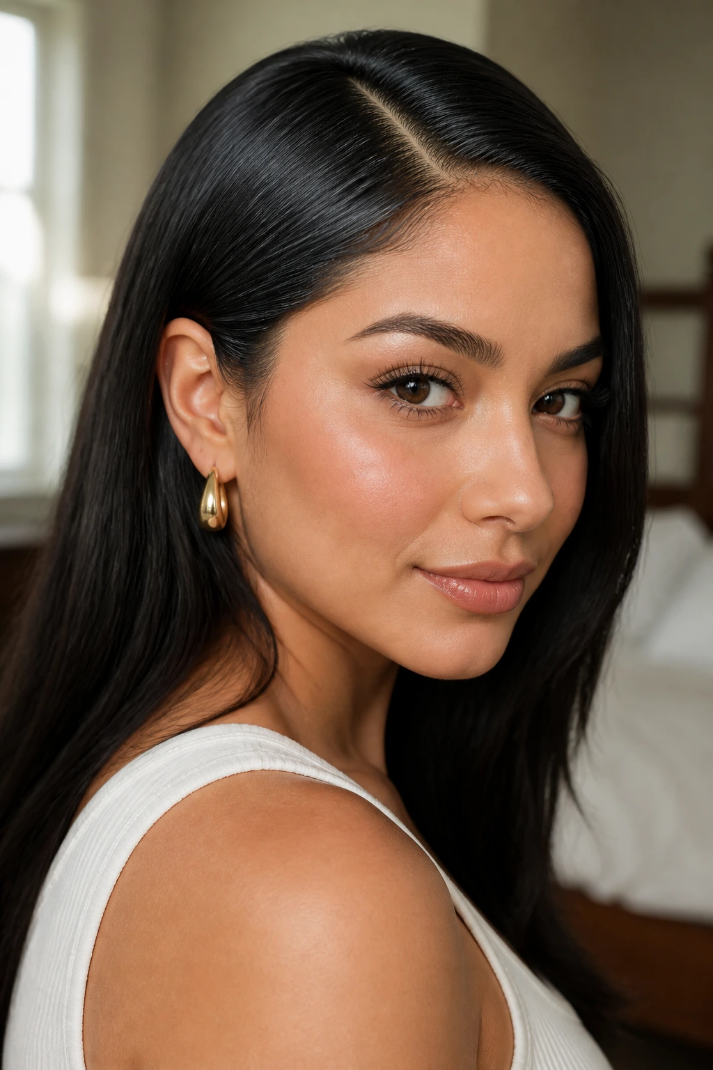 Close-up of a Latina woman with a deep part tucked behind the ear, silk-pressed hair