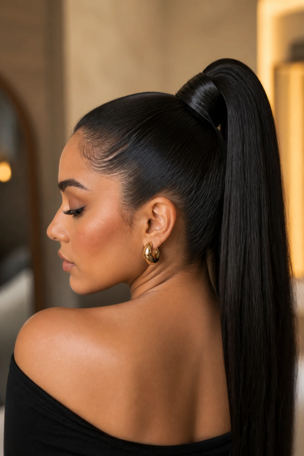 Close-up of a real woman with a high ponytail wrapped detail after silk press