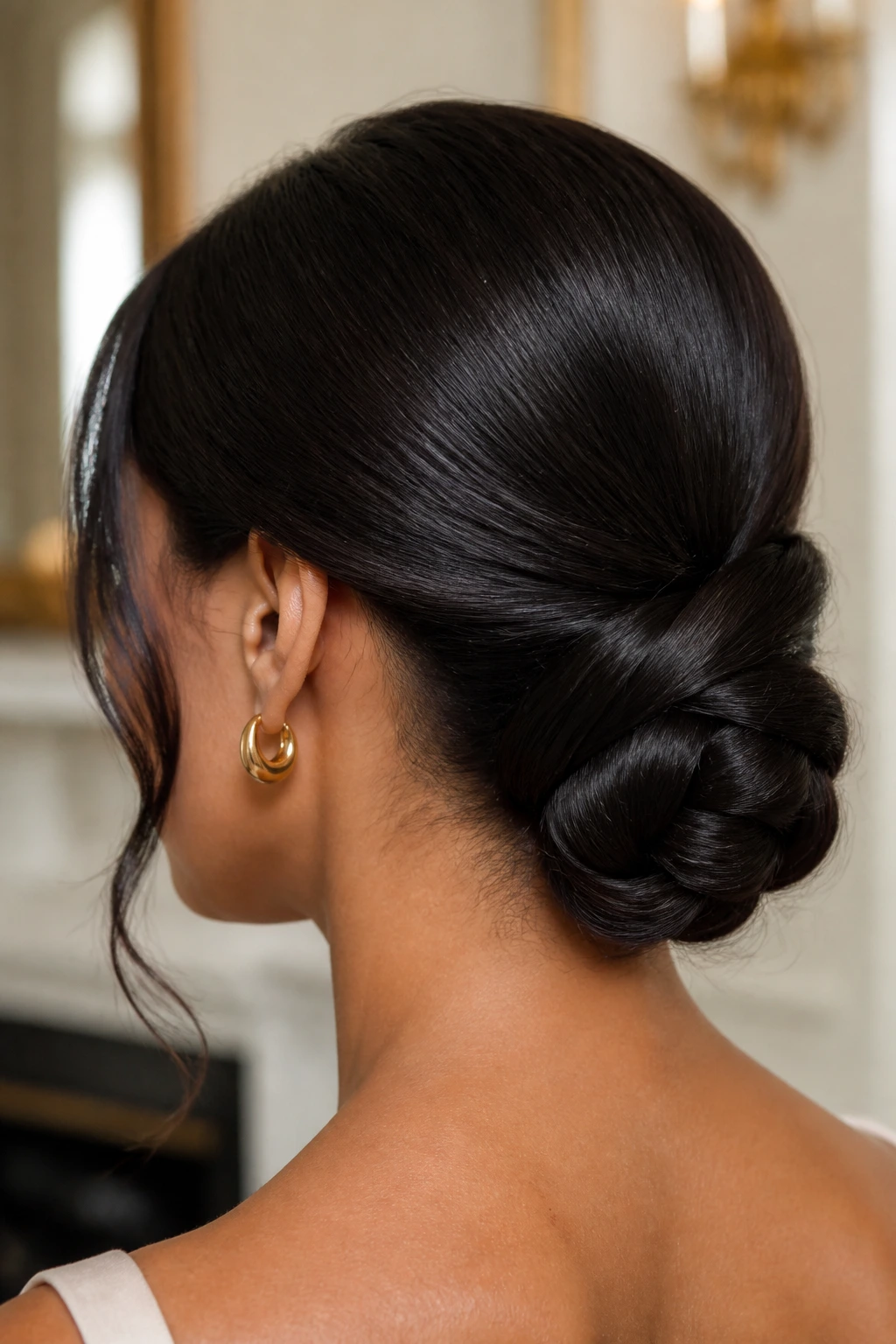 Close-up of a real woman with a low twisted chignon after silk press