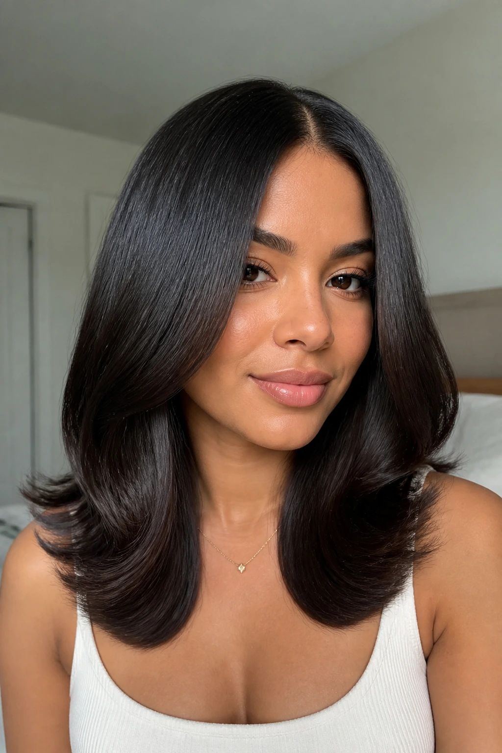 Portrait of a real woman with middle part and rounded ends after silk press