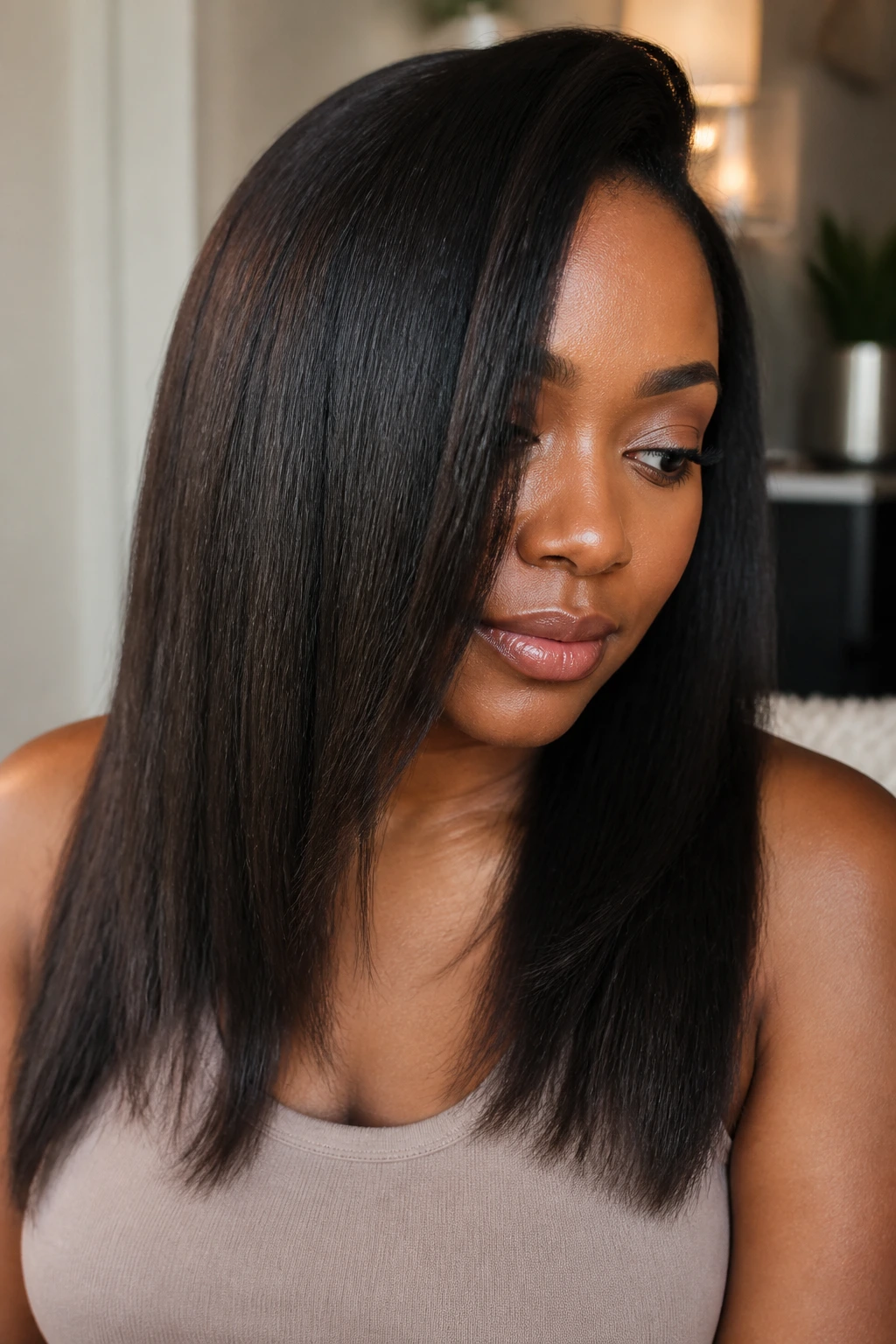 Close-up of a real woman with sleek straight hair after silk press prep