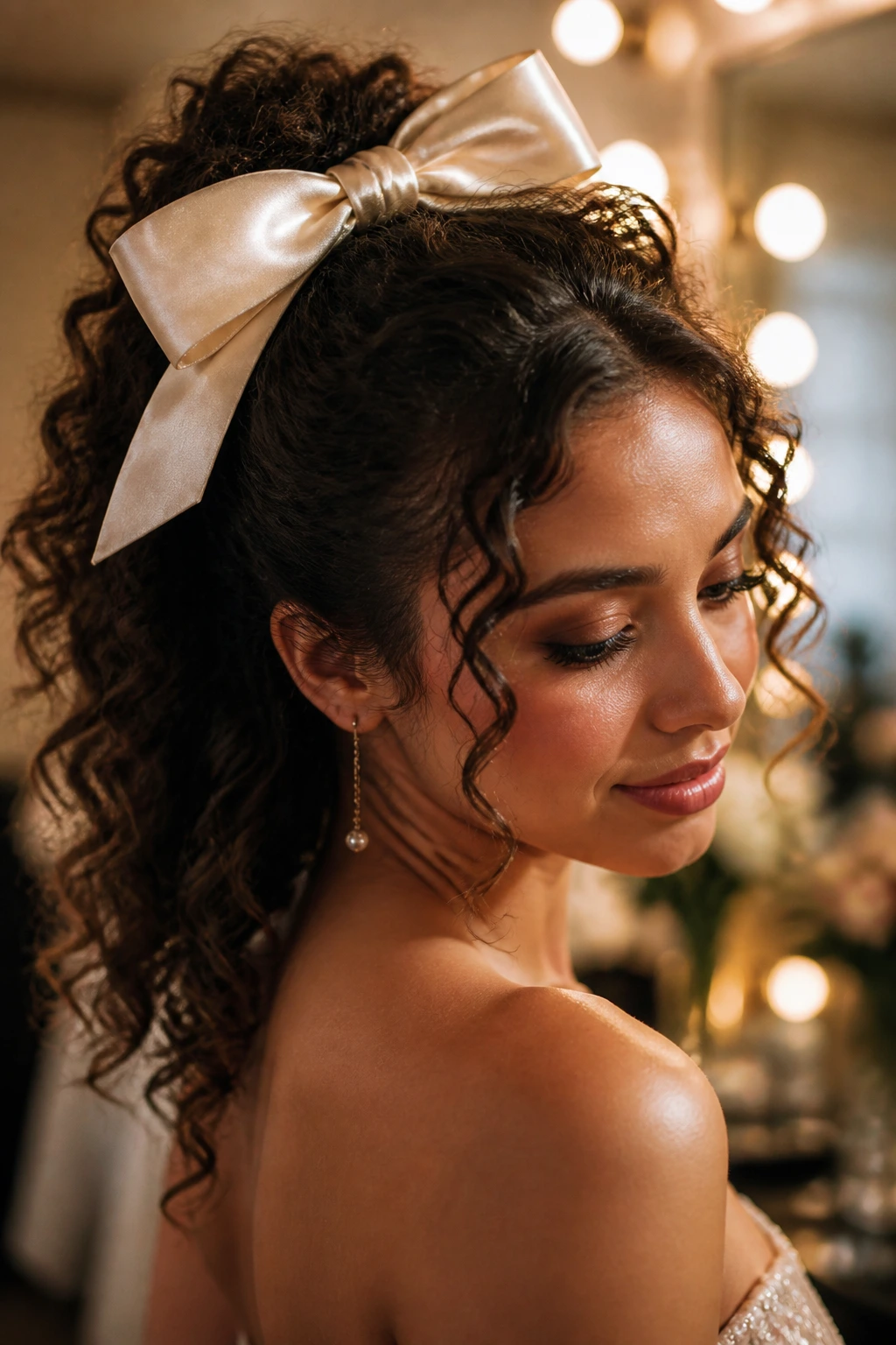 Close-up of a real woman with curly hair wearing a large silk ribbon bow in a half-up hairstyle
