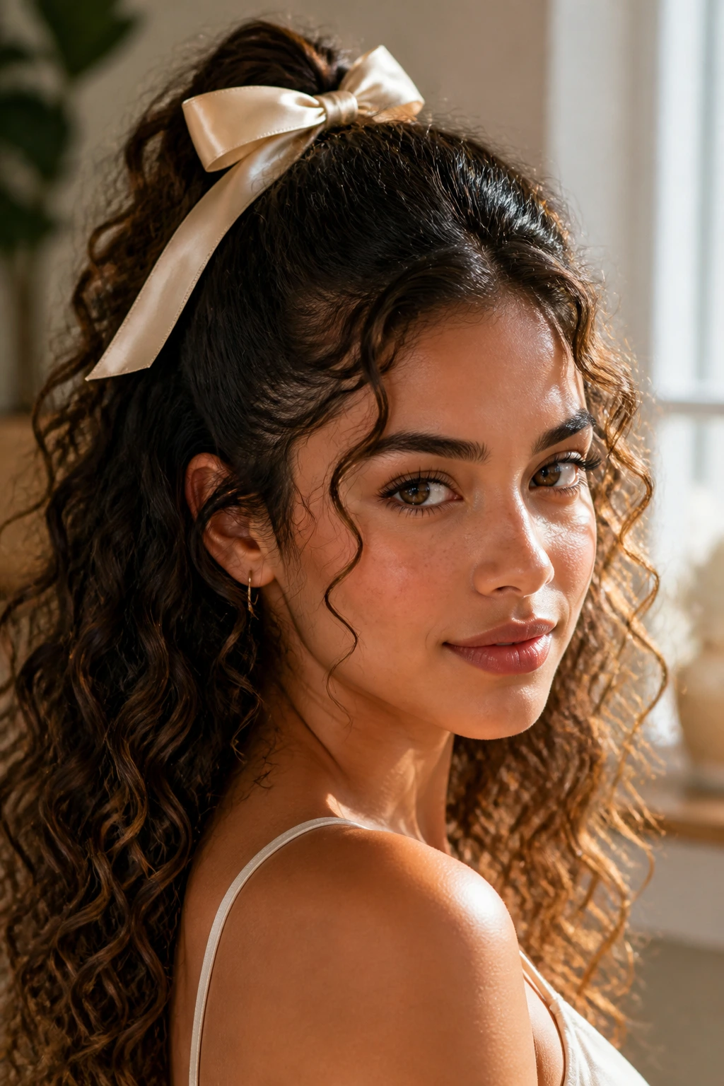 Close-up of a Latina woman with a silk ribbon half-up hairstyle