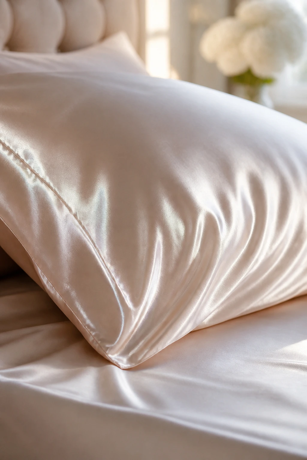 Close-up of a satin silk pillowcase showing sheen and fabric folds on a bed