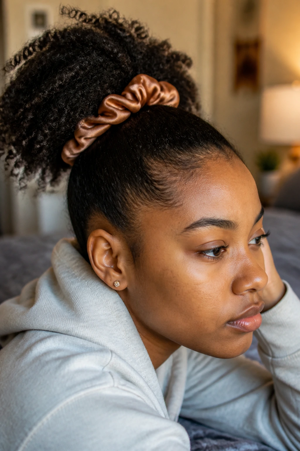 Student wearing silk satin scrunchie in hair
