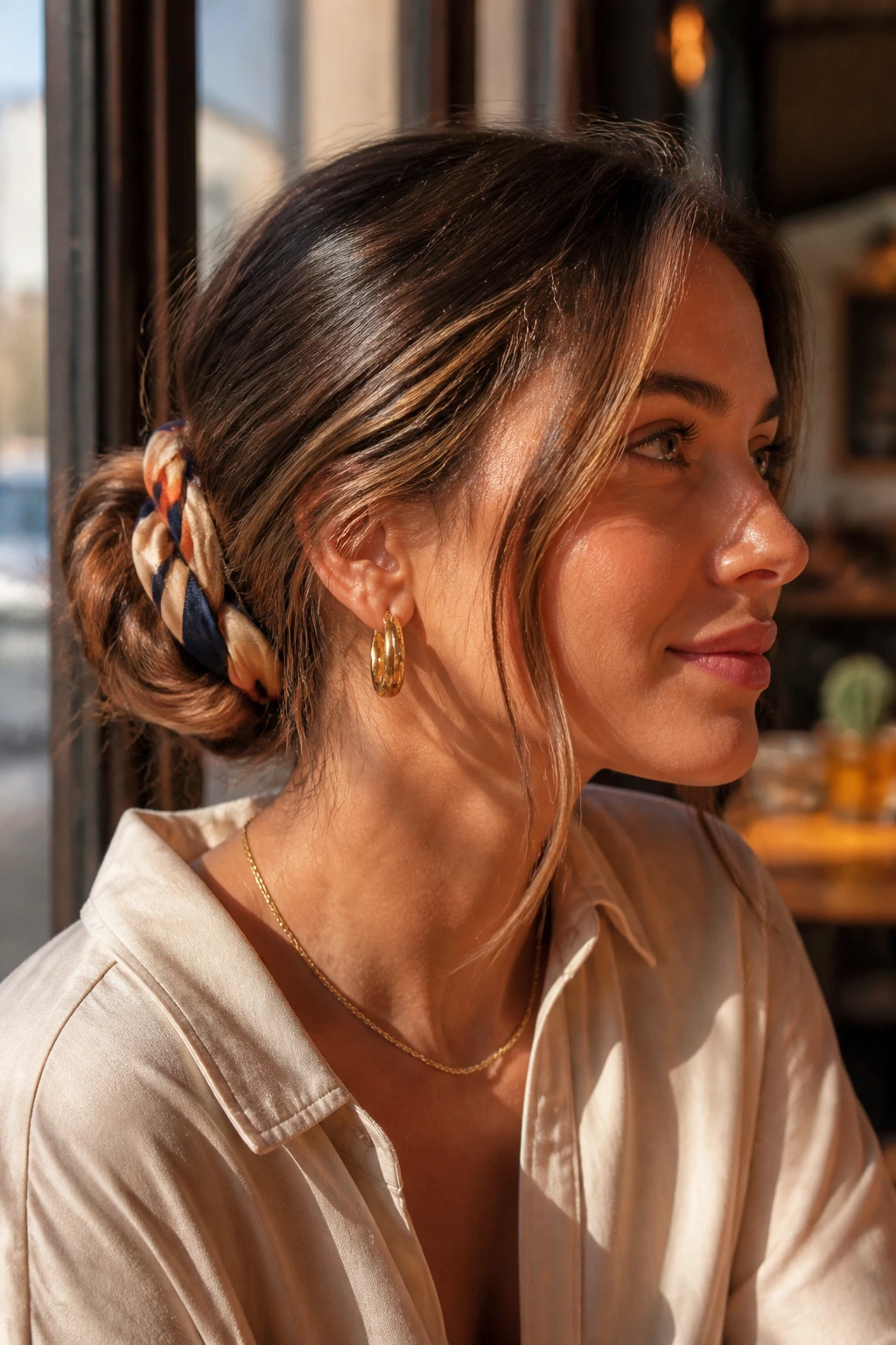 Real woman with a silk scarf woven into a low bun in a cafe setting