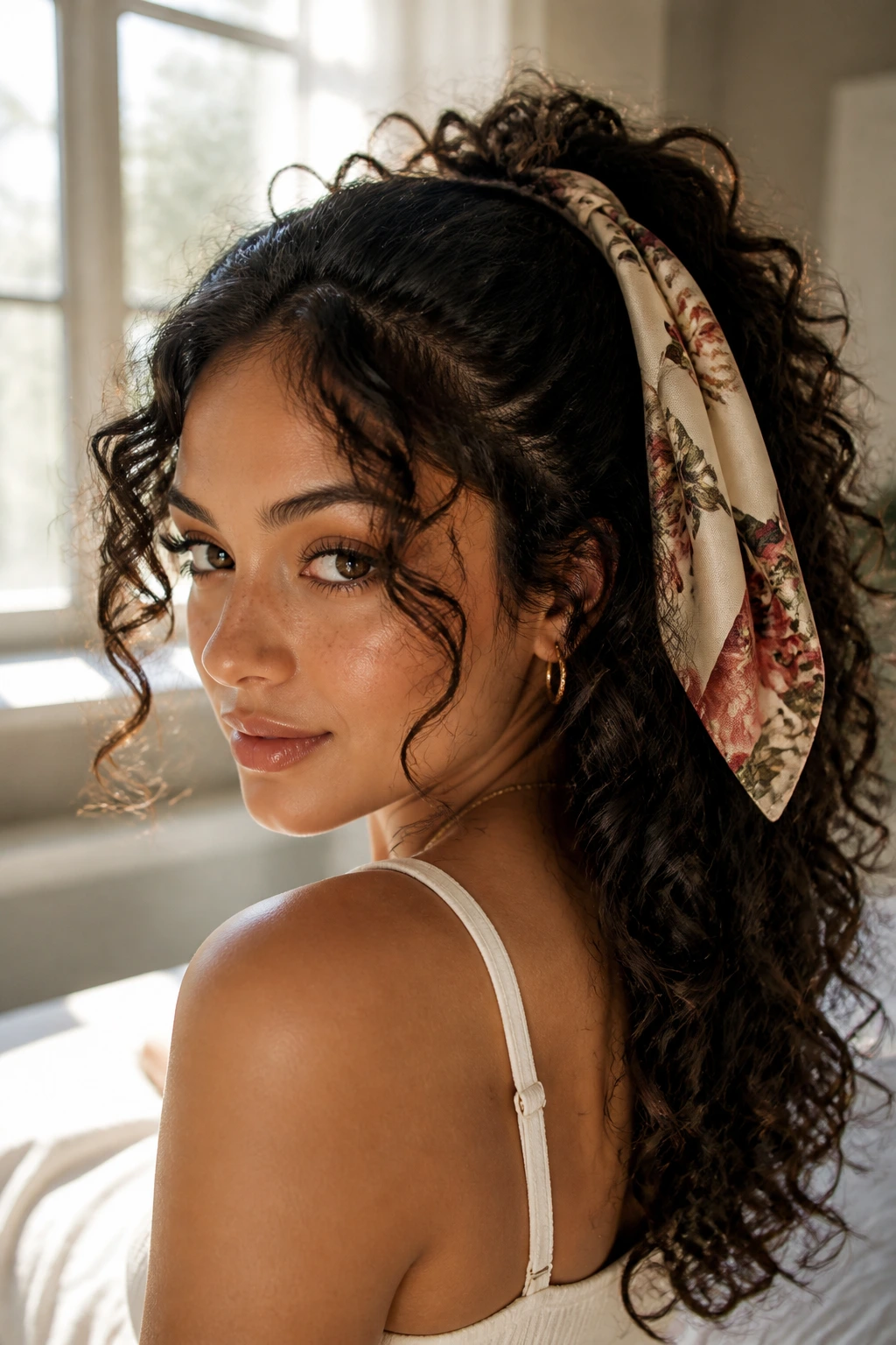 Close-up of a real woman with a half-up silk scarf hairstyle on curly hair, soft morning light