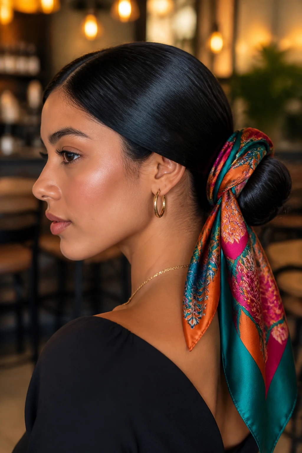 Latina woman with a low bun and silk scarf wrap.