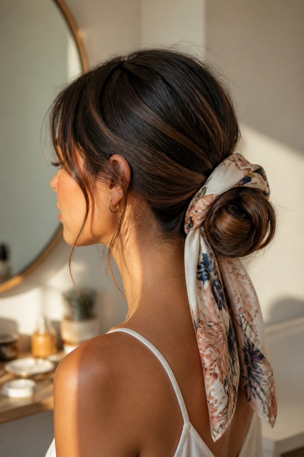 Close-up of a real woman with a silk scarf wrapped low bun in morning light